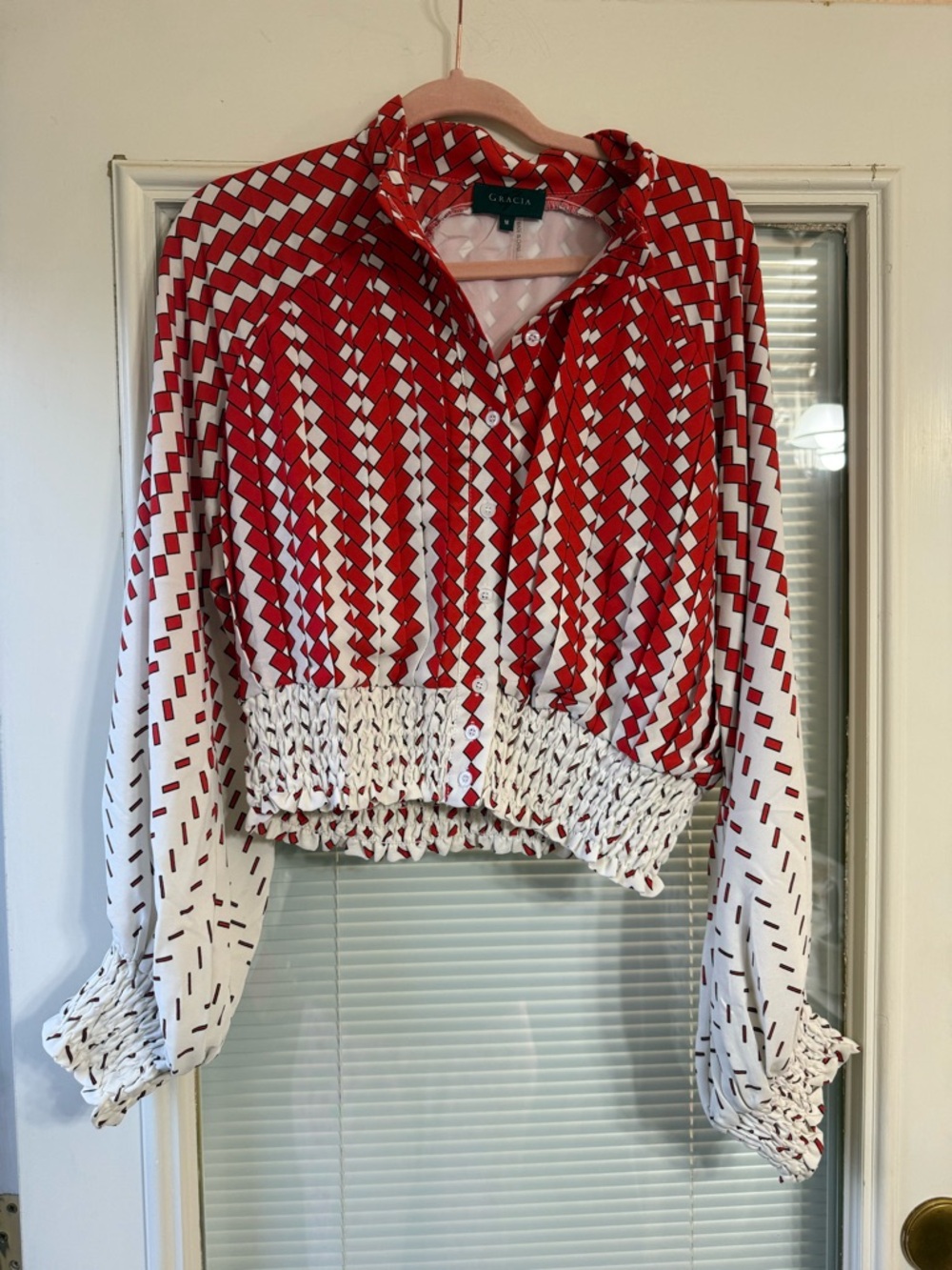 Gracia Red & White Patterned Smocked-Hem Button-Down Blouse